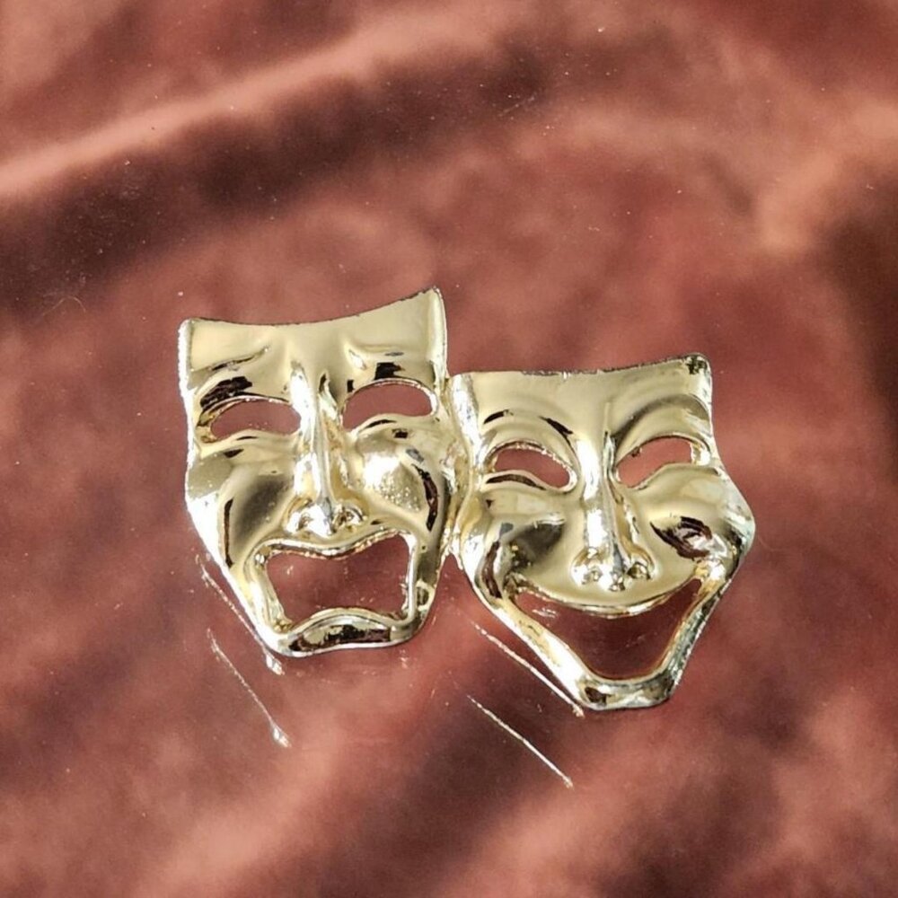 Vintage Goldtone Comedy/Tragedy Theatre mask brooch pin.